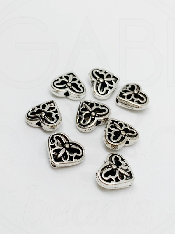 Intarpai &quot;Širdelės&quot;, sidabro spalvos, 10x12x4mm, 8vnt