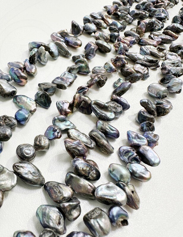 Keshi perlai, 9~14x4~8x3~6mm , pilkos spalvos, 39cm juosta