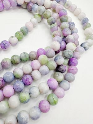 Stiklo karoliukai,  pilkos, violetinės, žalios, baltos spalvos, 8mm 77cm juosta
