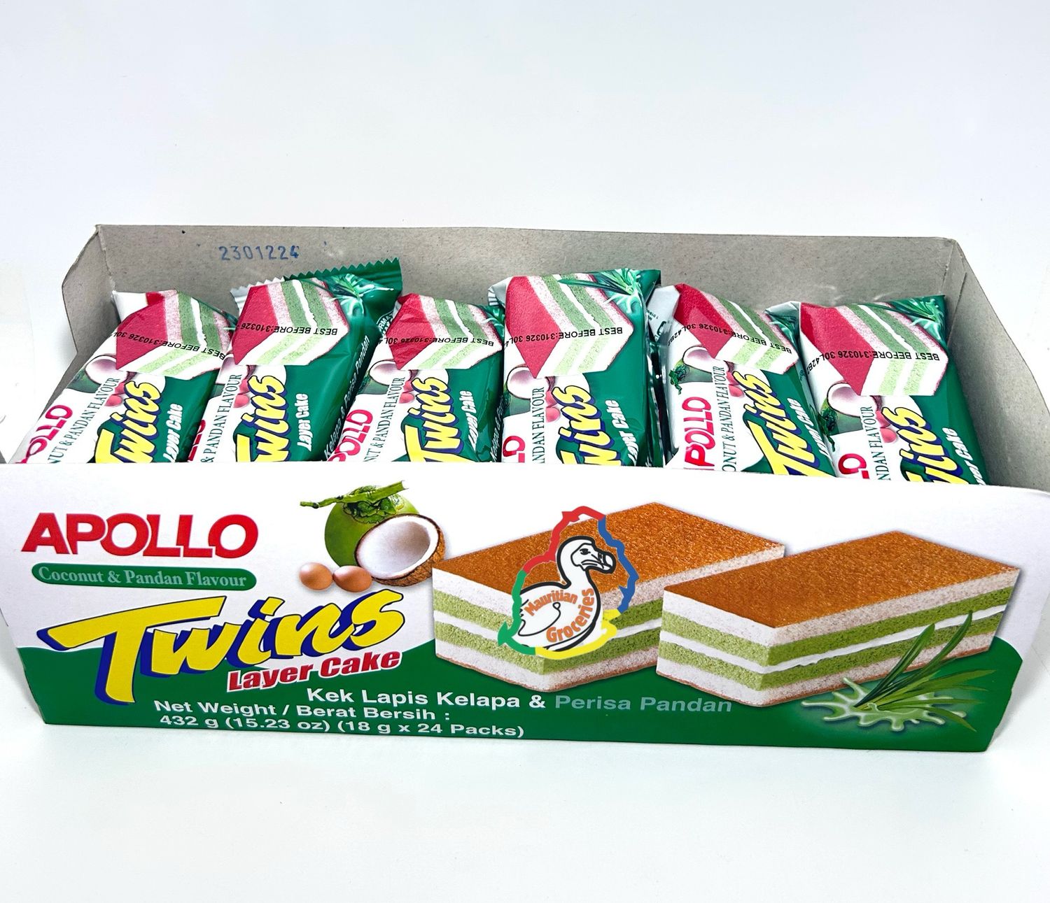 Apollo Pandan & Coconut Twins Layer Cake 18g X 24 Packets (432g)