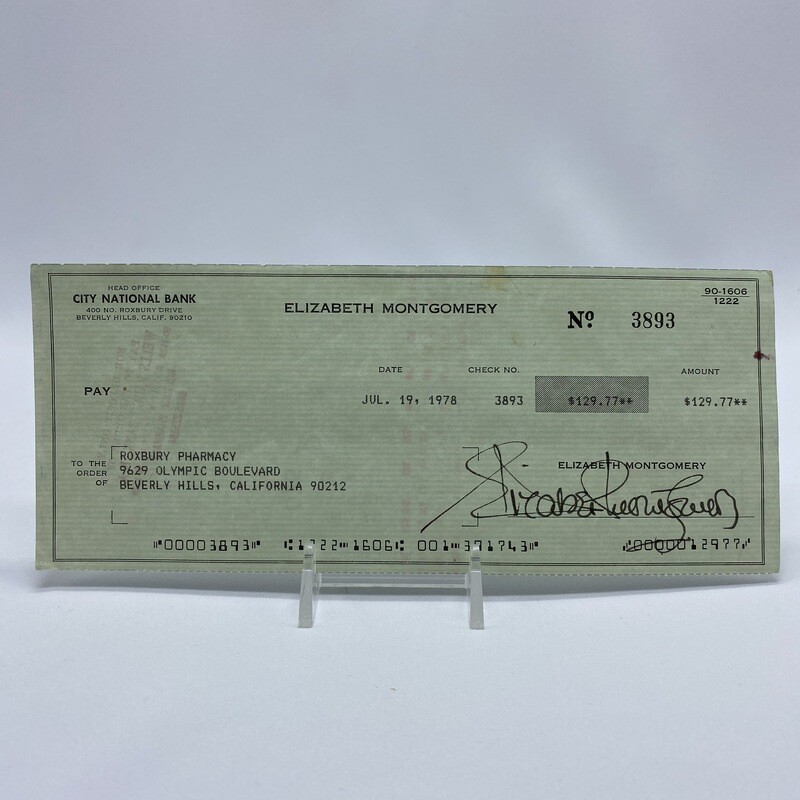 Elizabeth Montgomery Signed Cheque Issued by Herself to the Roxbury Pharmacy