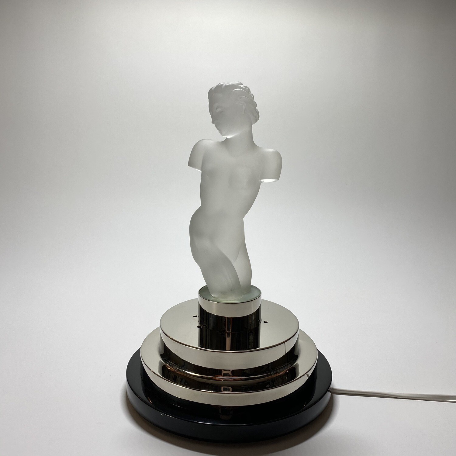 Custom-Made Art Deco Lamp Made With an Acid-Washed Glass Torso of a Nude Female