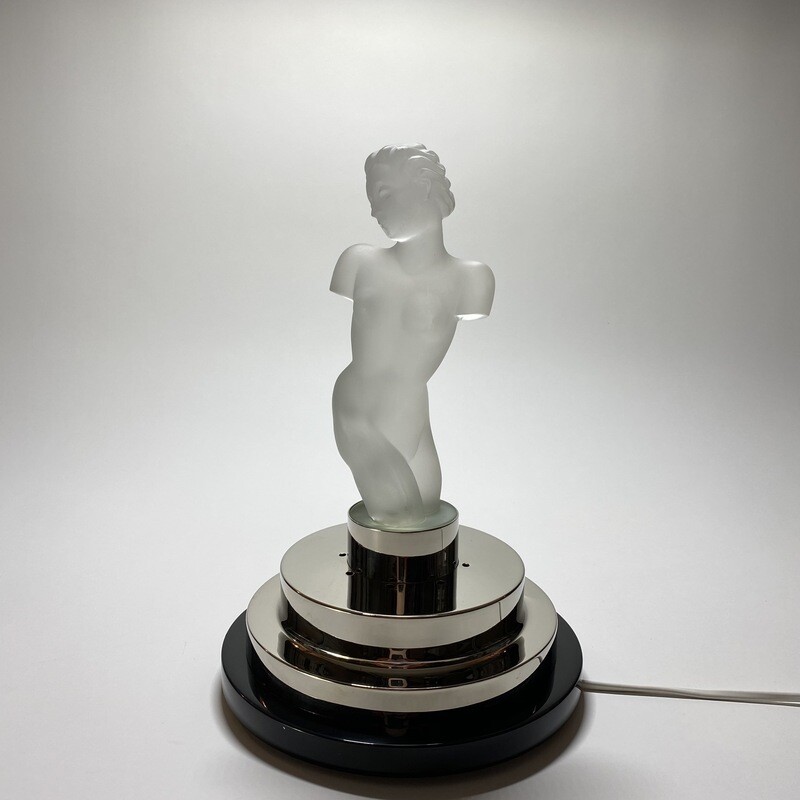 Custom-Made Art Deco Lamp Made With an Acid-Washed Glass Torso of a Nude Female