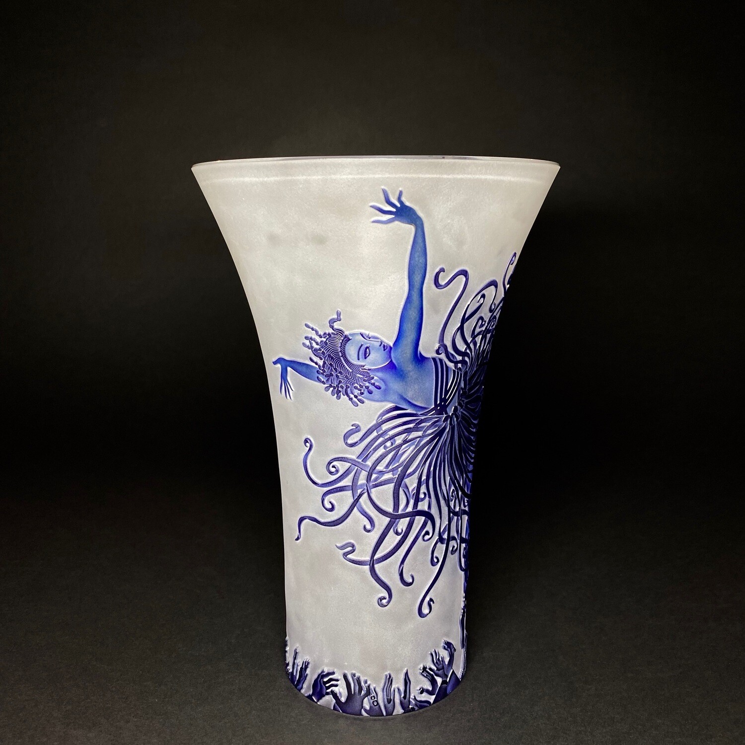 French Art Deco Translucent Blue-Colouration Frosted Glass Vase &quot;Applause&quot; Designed by Erte