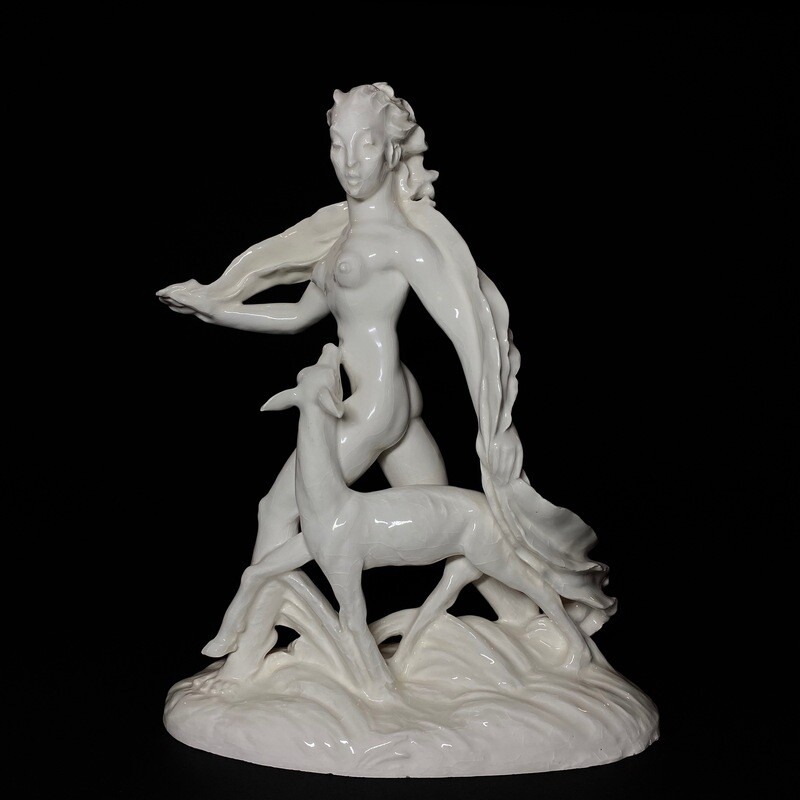 Czechoslovakian Art Deco Ceramic Statue of a Female Figure With a Doe Designed by Rudolf Hlavica in 1941