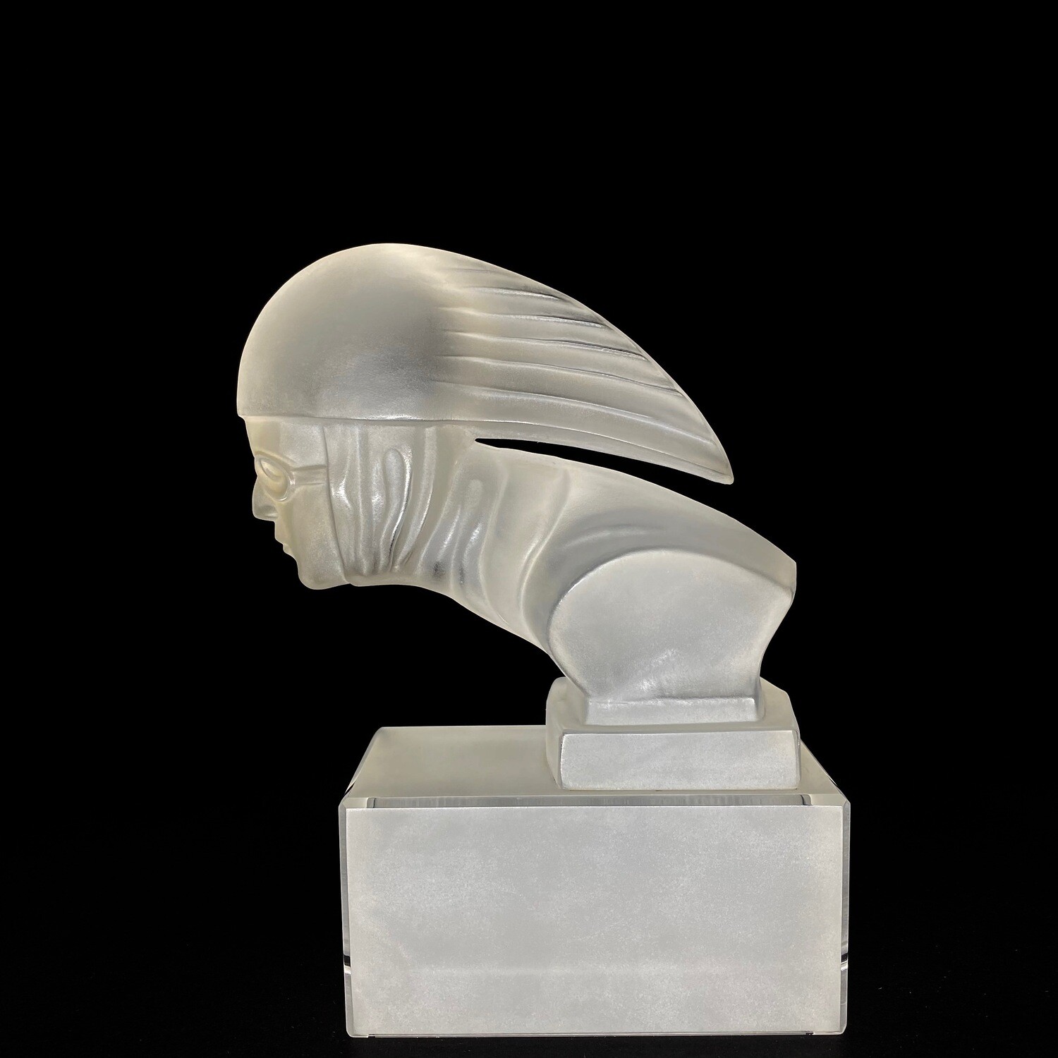 Czechoslovakian Art Deco Frosted Glass Statue of a Car Racer Mascot Created for the Heinrich Hoffmann Company