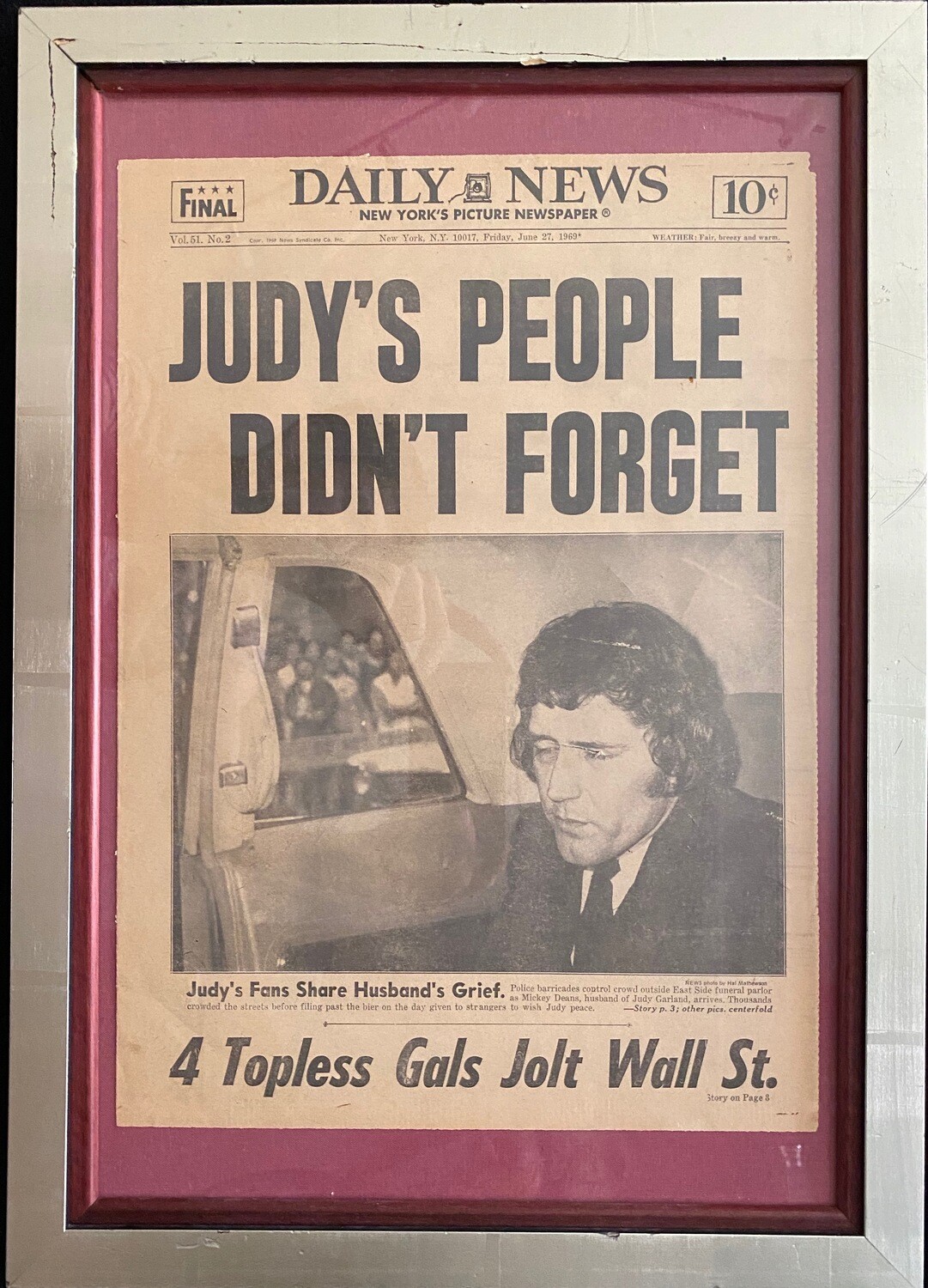 Judy Garland - Front Page of Daily Newspaper, June 27, 1969, Titled  &quot;JUDY&#39;s PEOPLE DON&#39;T FORGET&quot;