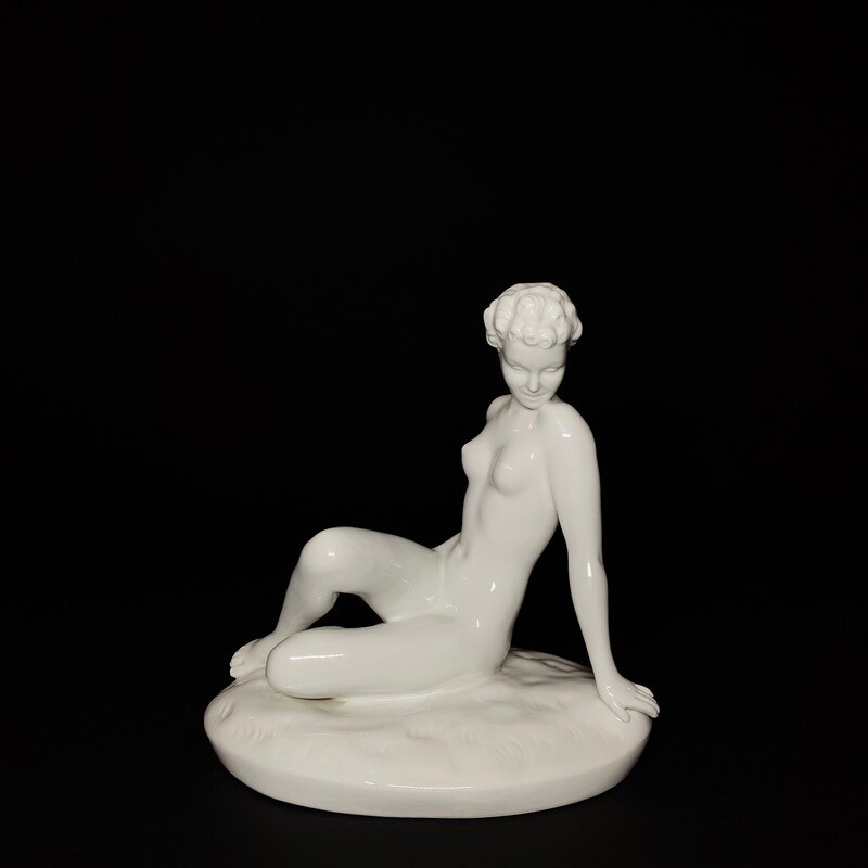 Bohemian Art Deco Glazed Porcelain White Statue of a Nude Female Figure Designed by Elly Strobach for Royal Dux