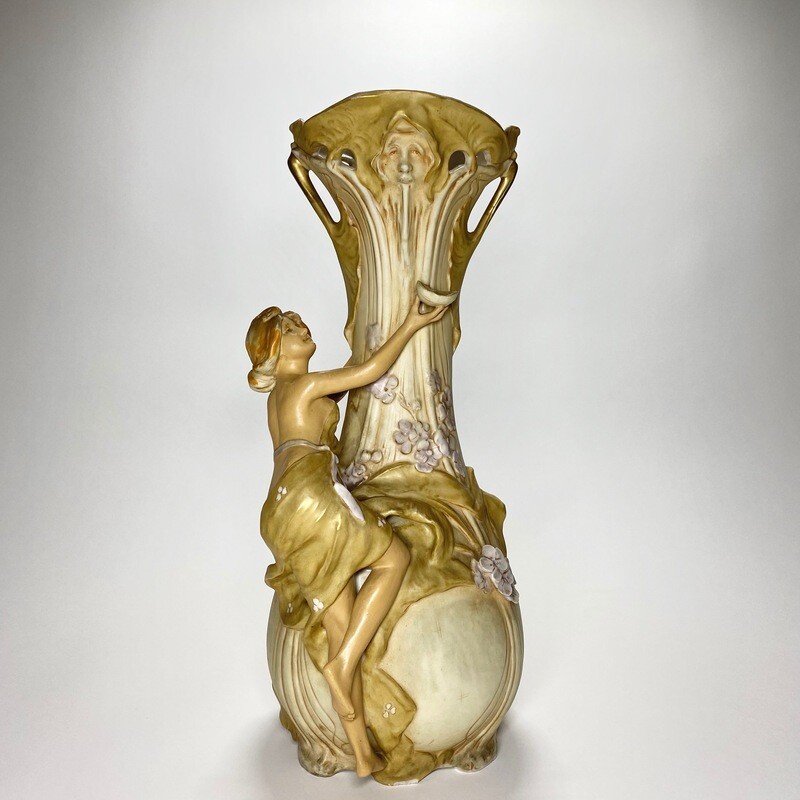 Bohemian Art Nouveau Ceramic Hand-Painted Figural Amphora Vase Made by Royal Dux