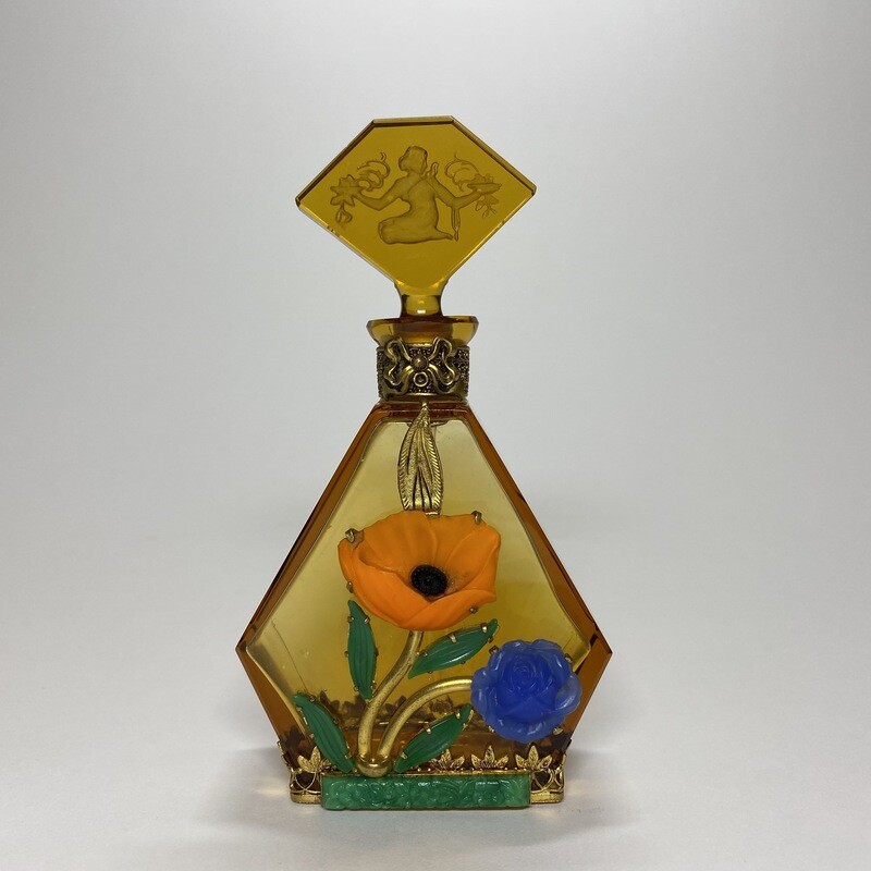 Rare Czechoslovakian Art Deco Topaz-Colouration Glass Perfume Bottle With Metallic And Glass Embellishments Made by the Heinrich Hoffmann Company