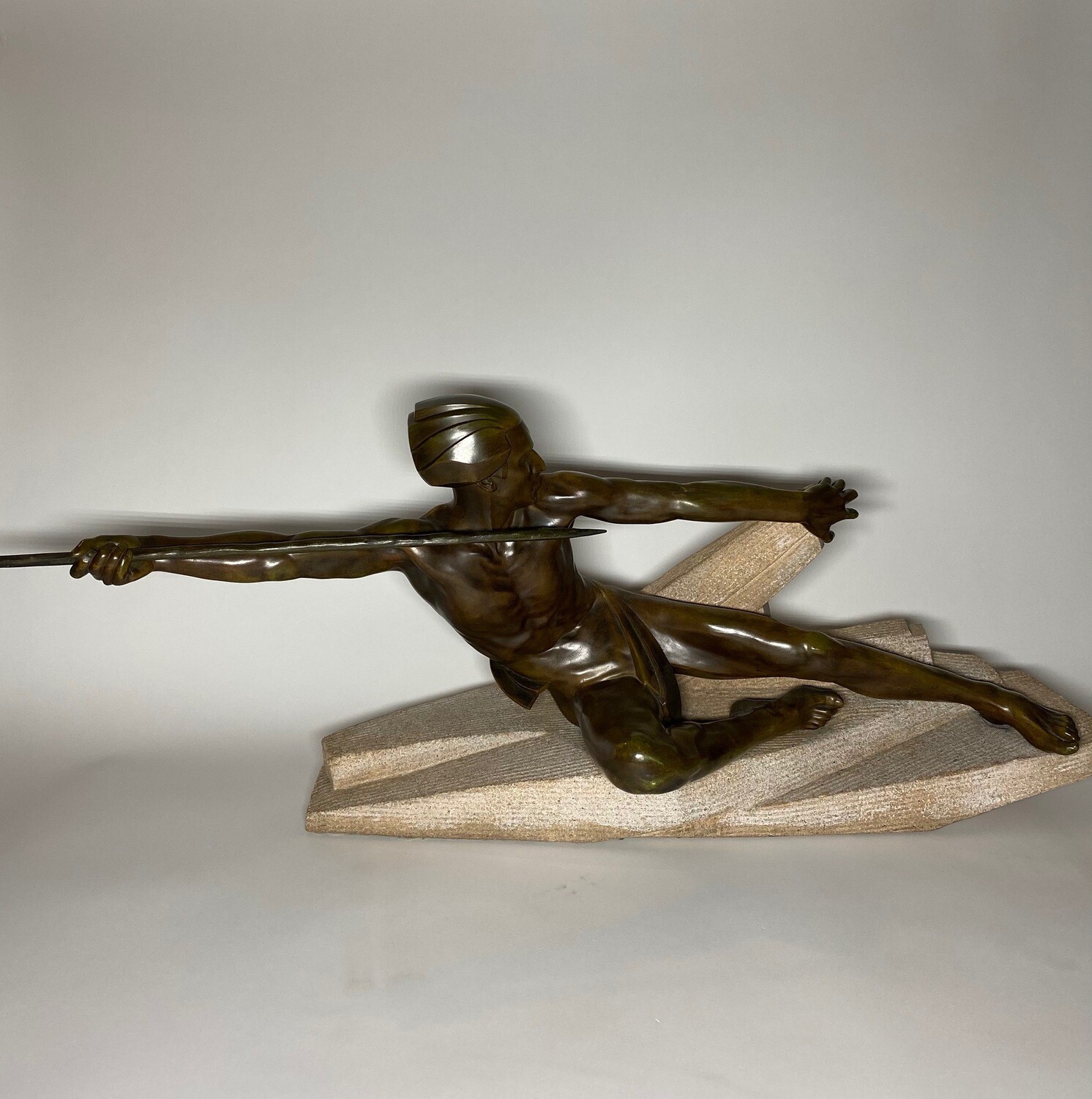 French Art Deco Art Metal Statue of a Male Hunter Designed By Max Le Verrier