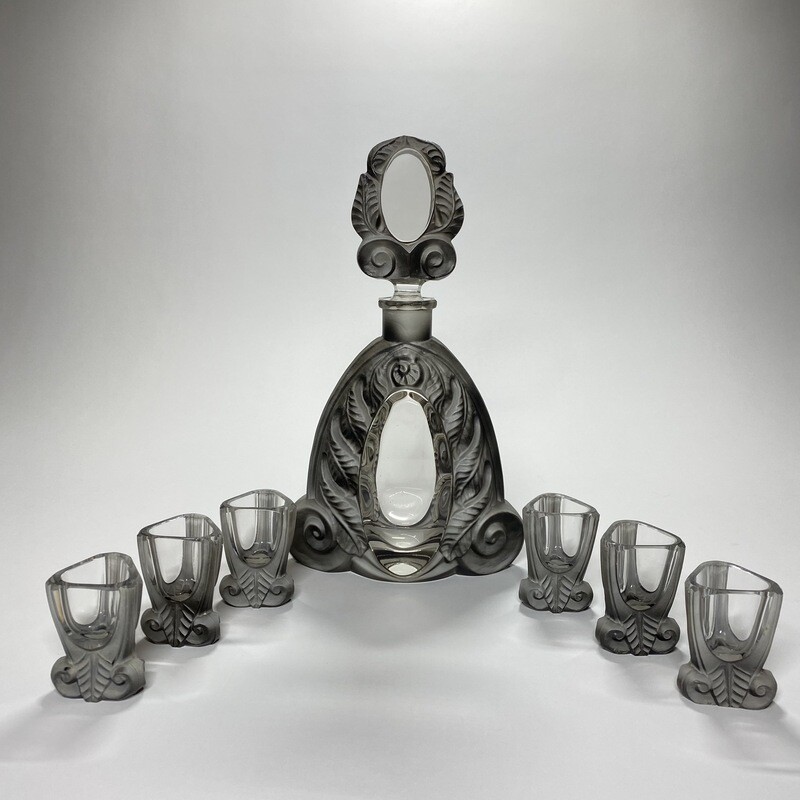 Czechoslovakian Art Deco Grey Hand-Cut Acid-Washed Glass Decanter Set Designed by Frantisek Halama