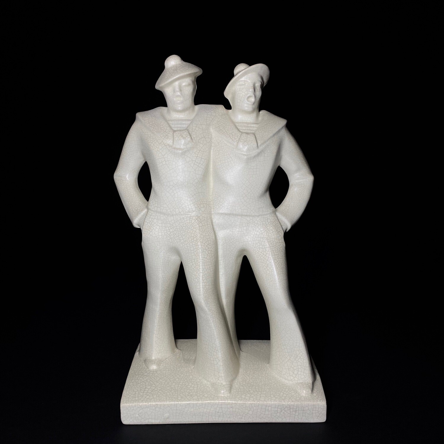 French Art Deco Crackleware White Ceramic Statue of Two Sailors Made by DAX