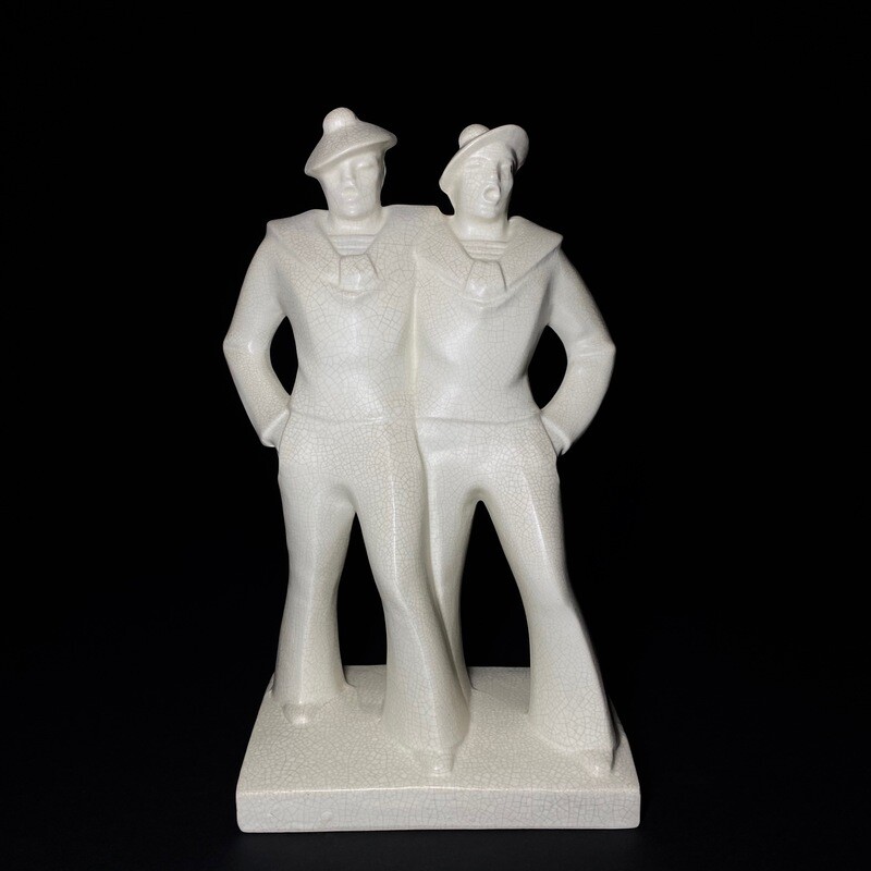 French Art Deco Crackleware White Ceramic Statue of Two Sailors Made by DAX