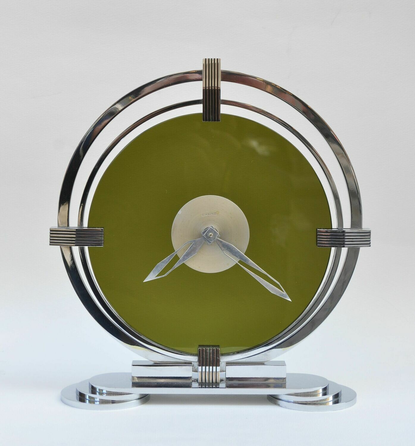 Czechoslovakian Art Deco Olive-Green Glass-Metal Clock Designed by L.Heinz