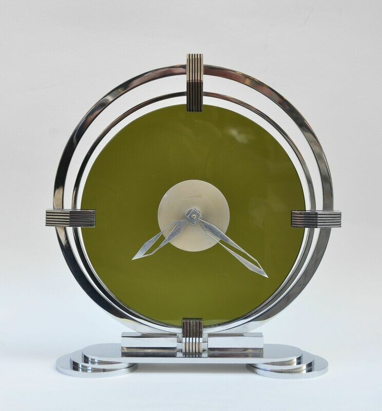Czechoslovakian Art Deco Olive-Green Glass-Metal Clock Designed by L.Heinz