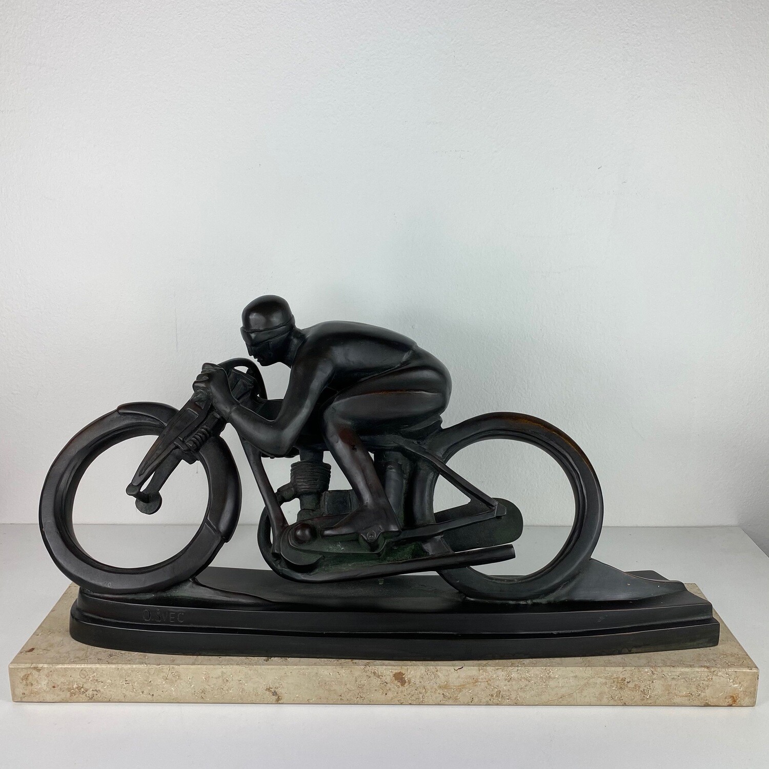 Czechoslovakian Art Deco Bronze Statue of a Motorbike Rider on a Marble Plinth Made by O. Svec
