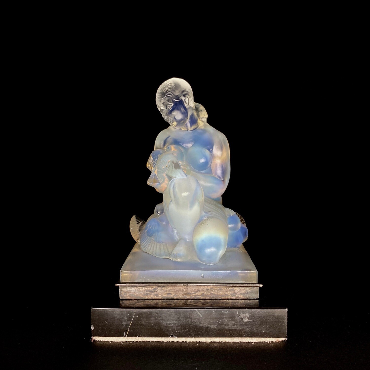 French Art Deco Opalescent Glass Statue of a Female With Doves by Sabino