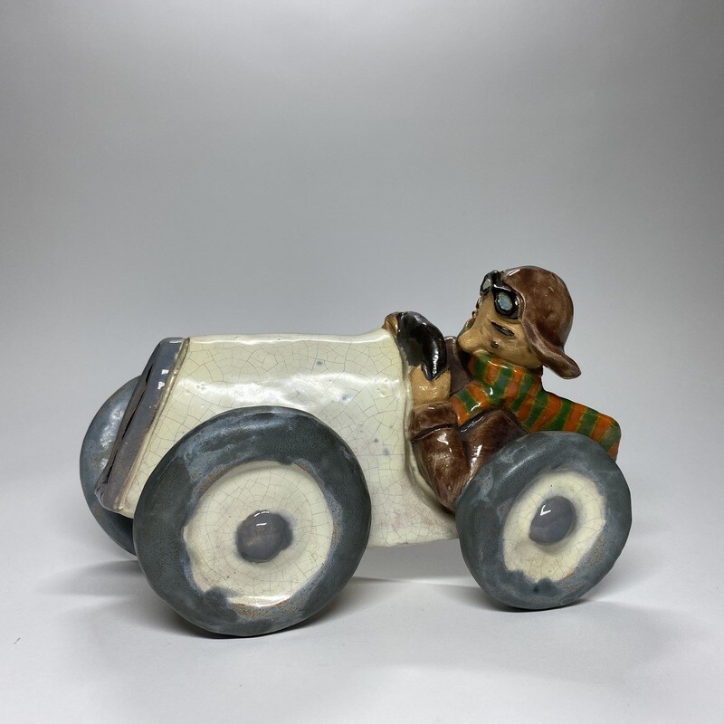 Czechoslovakian Glazed Ceramic Hand-Painted Wall Piece - Car Racer