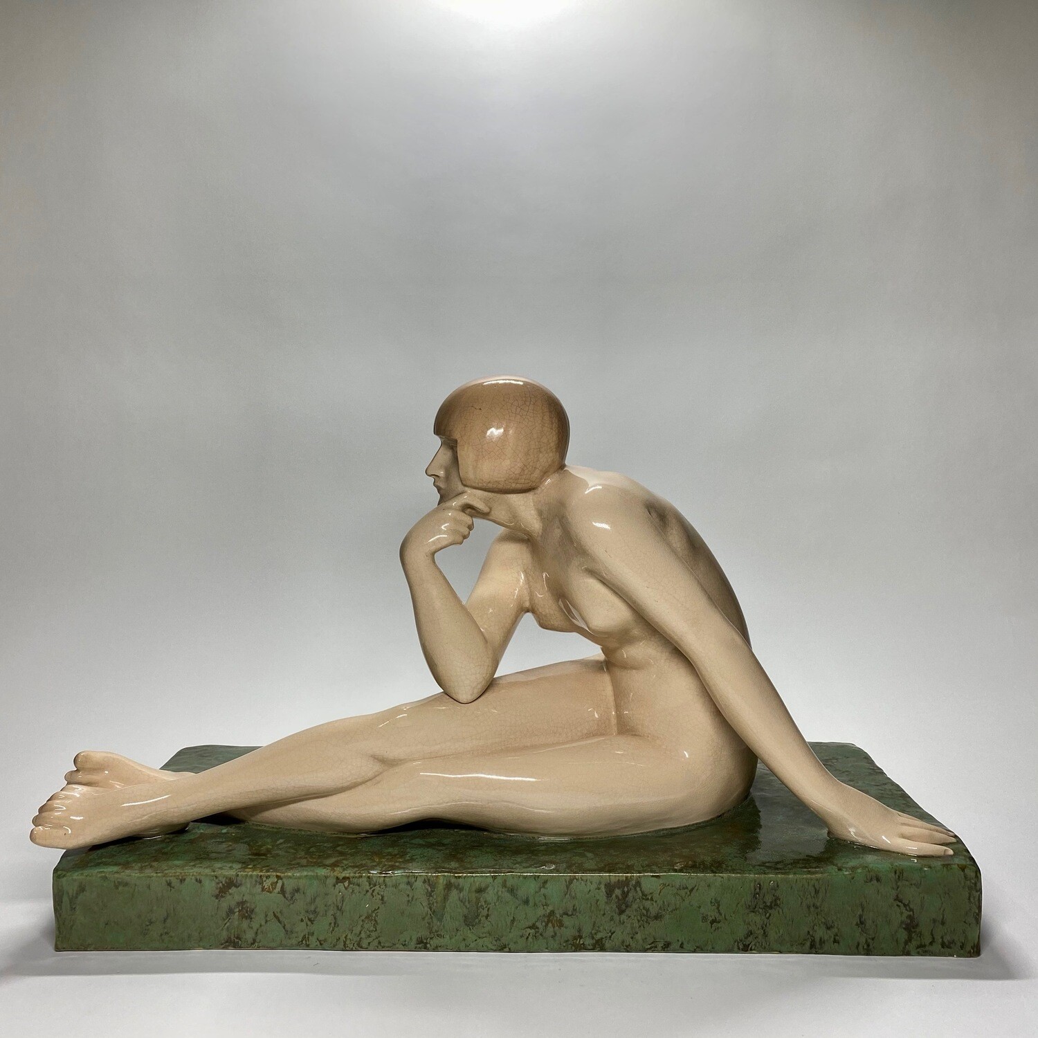 French Art Deco Ceramic Glazed Hand-Painted Statue of a Female &quot;ANTINEA&quot; Designed by Maurice Guiraud-Riviere