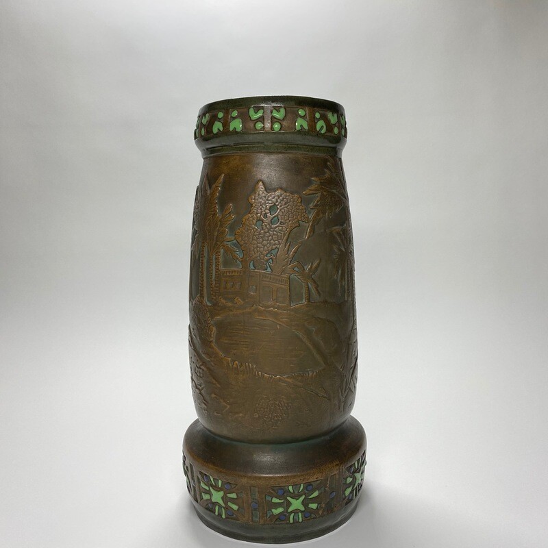Austrian Art Deco Hand-Painted Brown Ceramic Vase in Bas-Relief Decor With Desert Motifs Made by Amphora