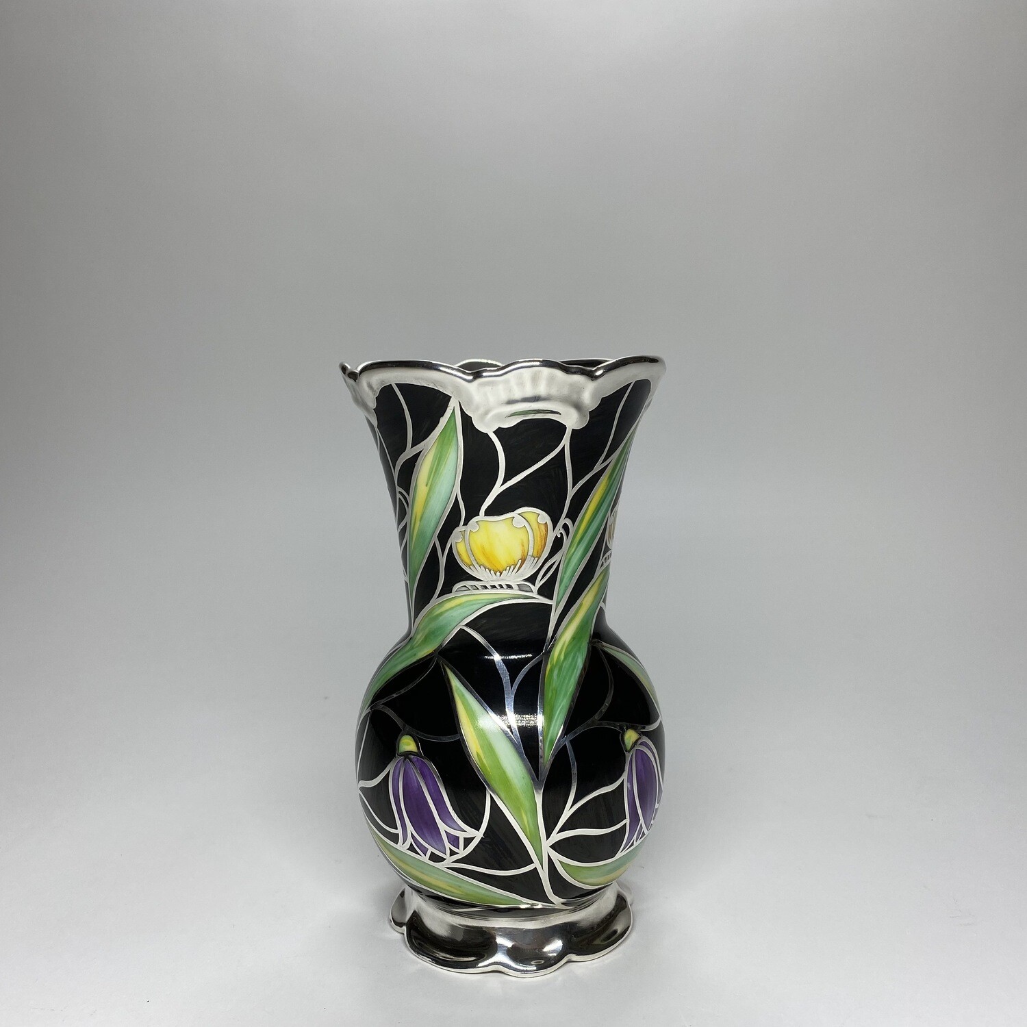 German Mid-Century Enamelled Ceramic Vase With Silver Overlay And Floral Motives