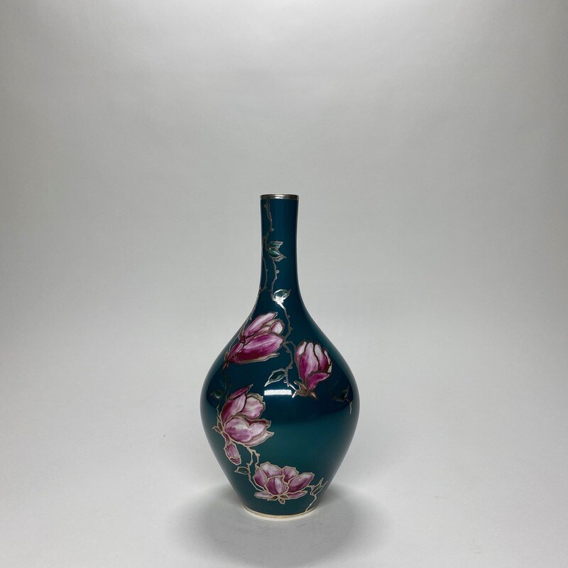 German Mid-Century Enamelled Ceramic Vase With Silver Overlay And Floral Motives Made by Manfred Veyhl