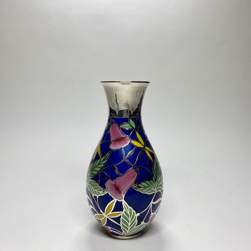 ​German Mid-Century Multicolour Enamelled Ceramic Vase With Silver Overlay And Floral Motives Designed by Thomas Ivory