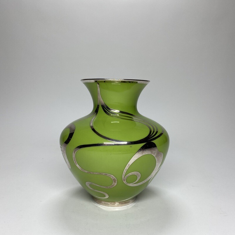 German Mid-Century Lime Green Enamelled Ceramic Vase With Silver Overlay And Floral Motives Made by PMR, Jaeger&amp;Co
