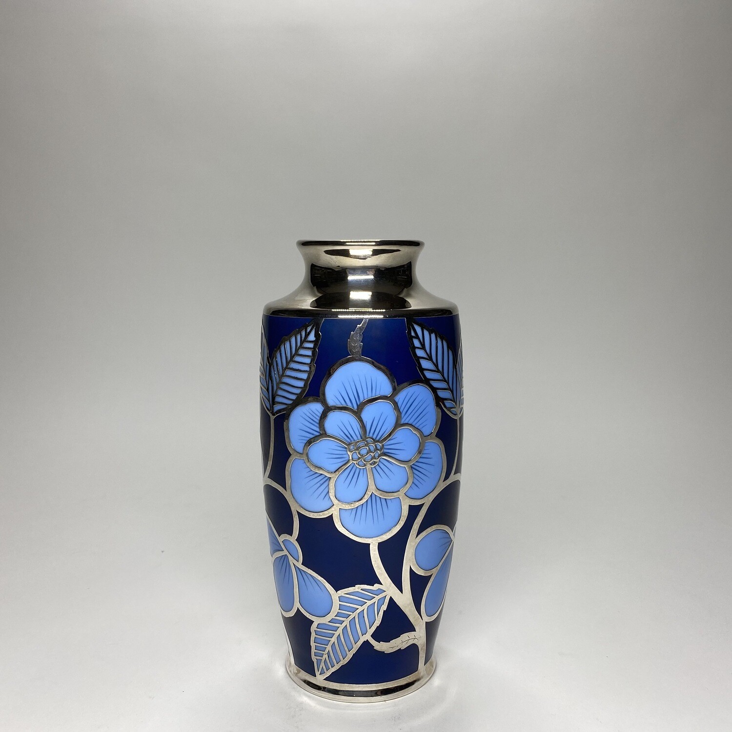​German Mid-Century Blue Tone Enamelled Ceramic Vase With Silver Overlay And Floral Motives Designed by Friedrich Wilhelm Spahr