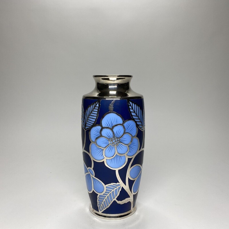 ​German Mid-Century Blue Tone Enamelled Ceramic Vase With Silver Overlay And Floral Motives Designed by Friedrich Wilhelm Spahr
