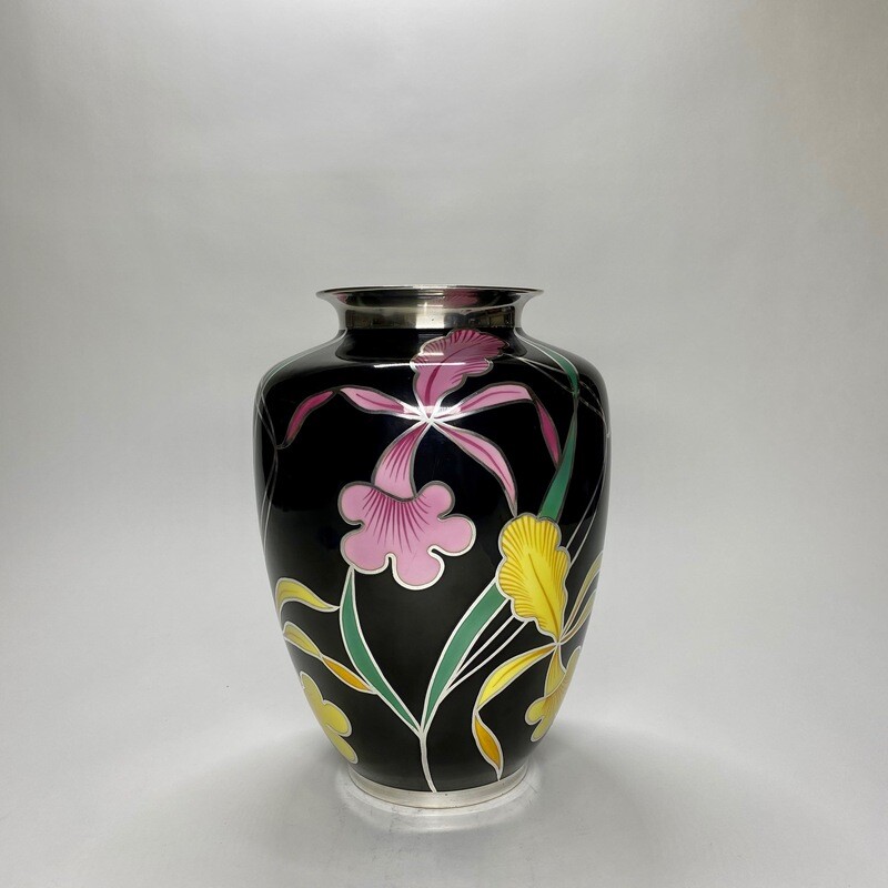 ​German Mid-Century Large Black Multicolour Enamelled Ceramic Vase With Silver Overlay And Floral Motives Made by Krautheim