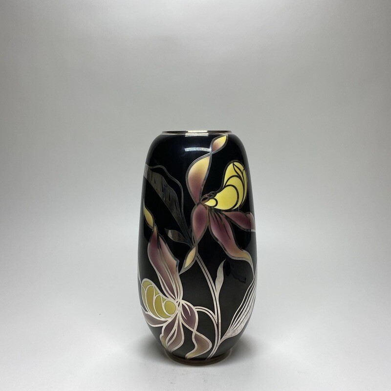 ​German Mid-Century Black Enamelled Ceramic Vase With Silver Overlay And Floral Motives Made by PMR, Jaeger&amp;Co