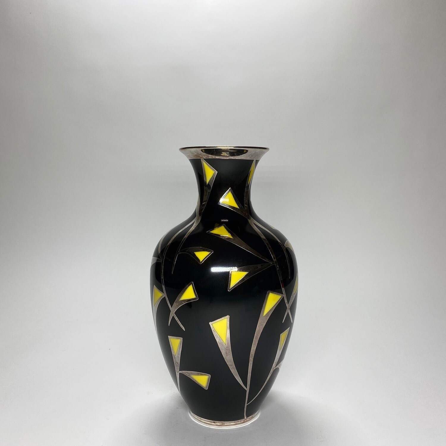 ​German Mid-Century Black Enamelled Ceramic Vase With Silver Overlay And Floral Motives Made by Edelstein