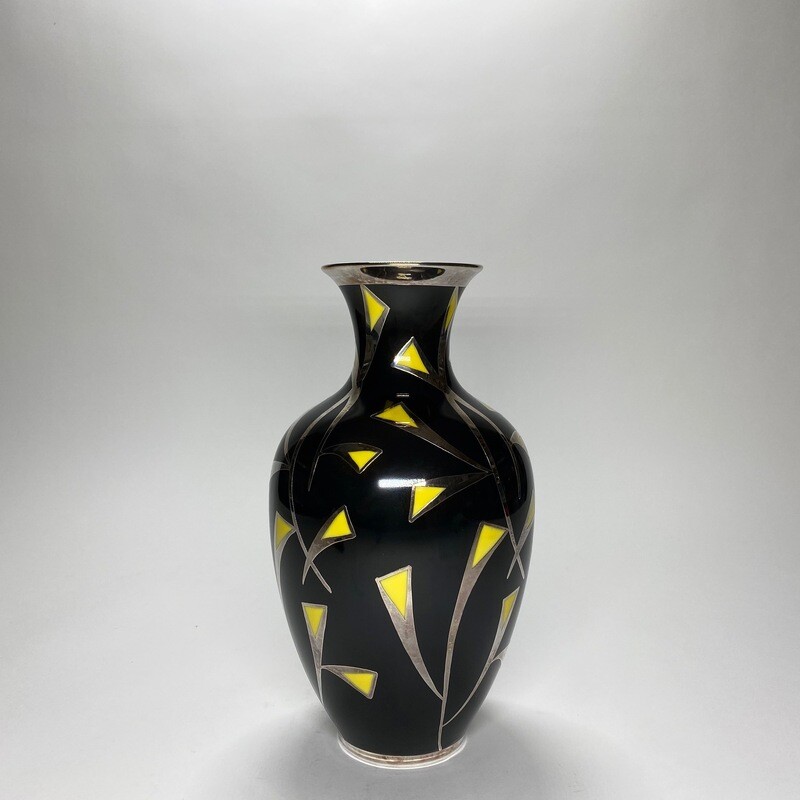 ​German Mid-Century Black Enamelled Ceramic Vase With Silver Overlay And Floral Motives Made by Edelstein