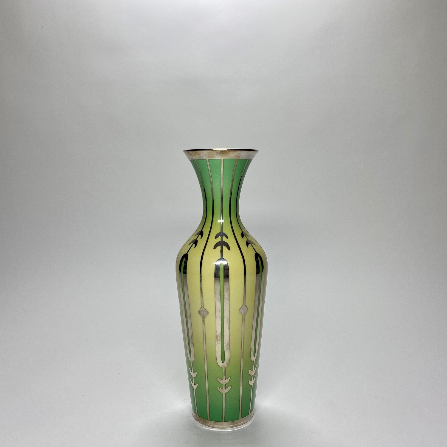 ​German Mid-Century Green And Yellow Enamelled Ceramic Vase With Silver Overlay And Floral Motives Made by Hunschenreuter