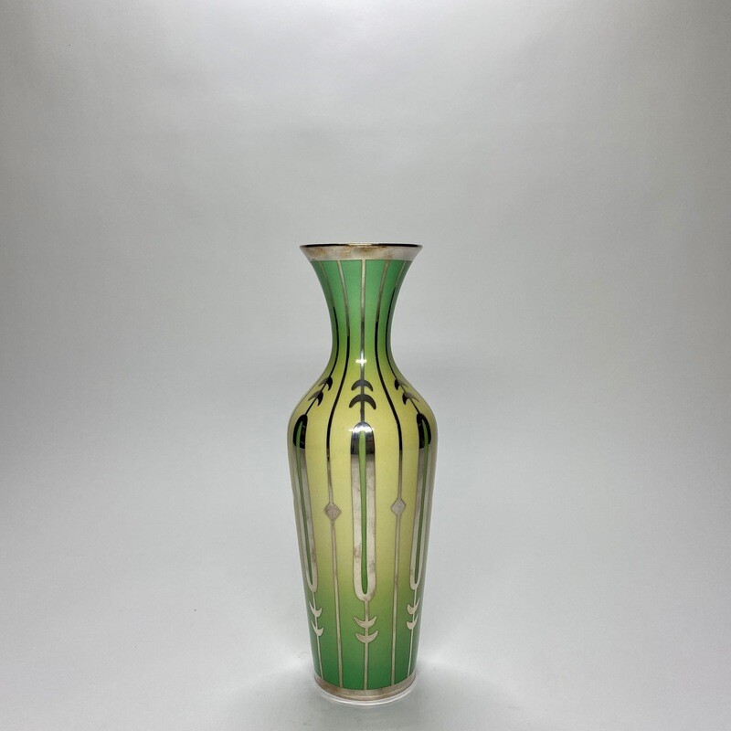 ​German Mid-Century Green And Yellow Enamelled Ceramic Vase With Silver Overlay And Floral Motives Made by Hunschenreuter