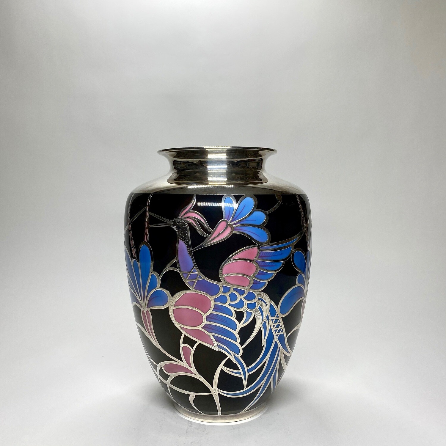 German Mid-Century Large Black Multicolour Enamelled Ceramic Vase With Silver Overlay And Birds of Paradise Motives Made by Krautheim