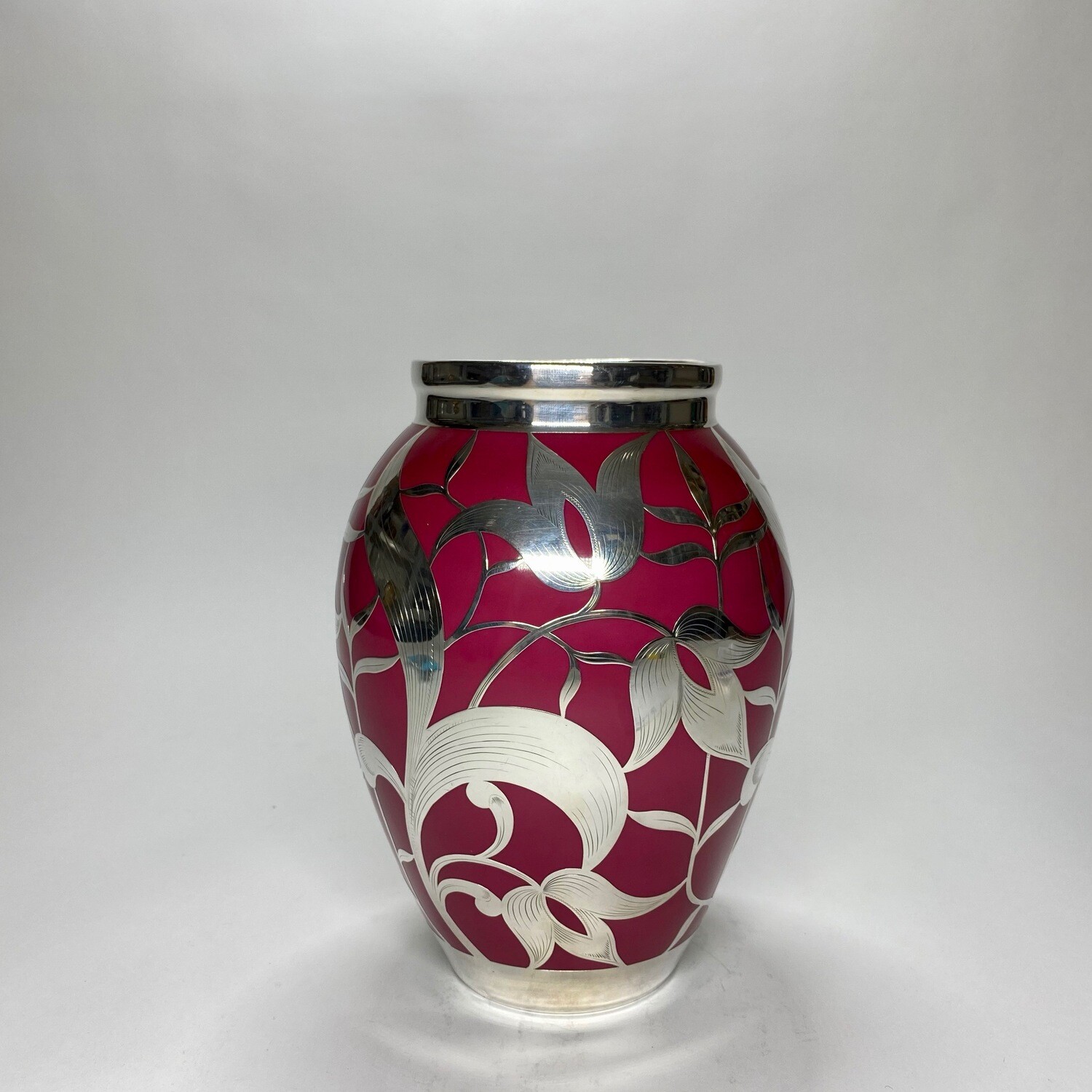​German Mid-Century Fuchsia Enamelled Ceramic Vase With Silver Overlay And Floral Motives Designed by Friedrich Wilhelm Spahr