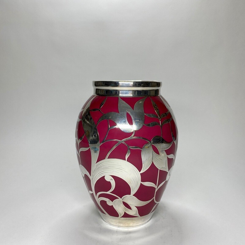 ​German Mid-Century Fuchsia Enamelled Ceramic Vase With Silver Overlay And Floral Motives Designed by Friedrich Wilhelm Spahr