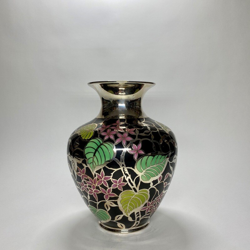 ​German Mid-Century Large Black Multicolour Enamelled Ceramic Vase With Silver Overlay And Floral Motives Designed by Thomas Ivory