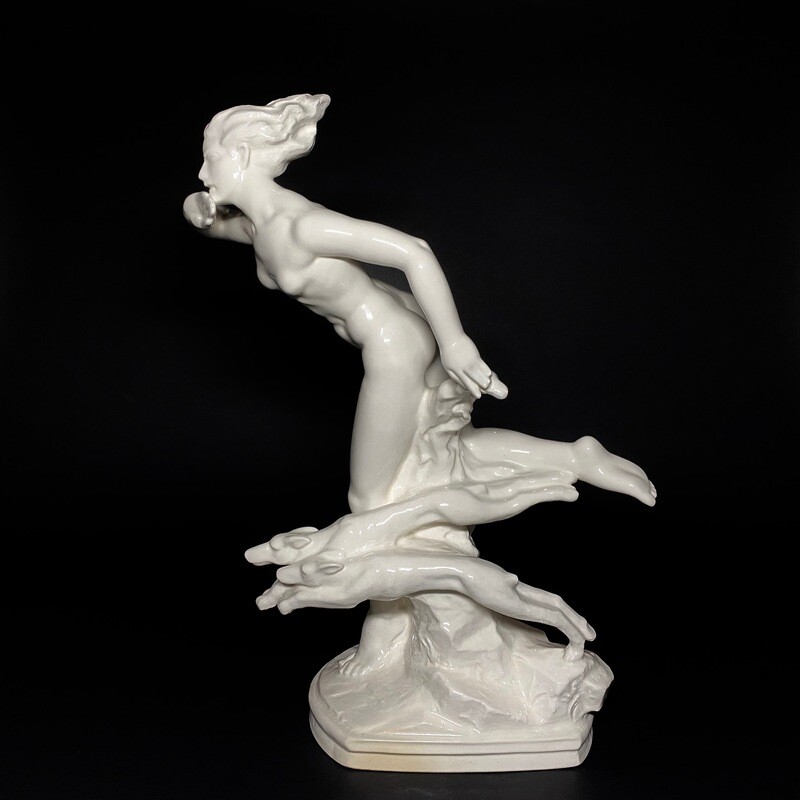 Czechoslovakian Art Deco Glazed Ceramic Statue of Diana With Greyhounds Designed by Jan Lichtag for Bechyne