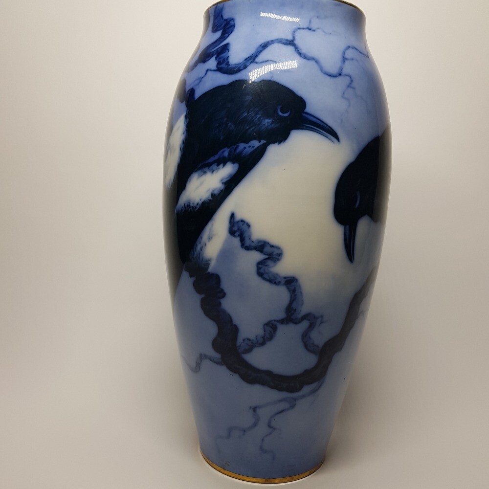 French Art Deco Glazed Ceramic Blue Tone Vase Decorated With Magpies by Michelaud Freres for Limoges