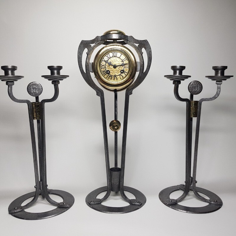 Arts And Crafts Working Metal Clock With Two Side Pieces