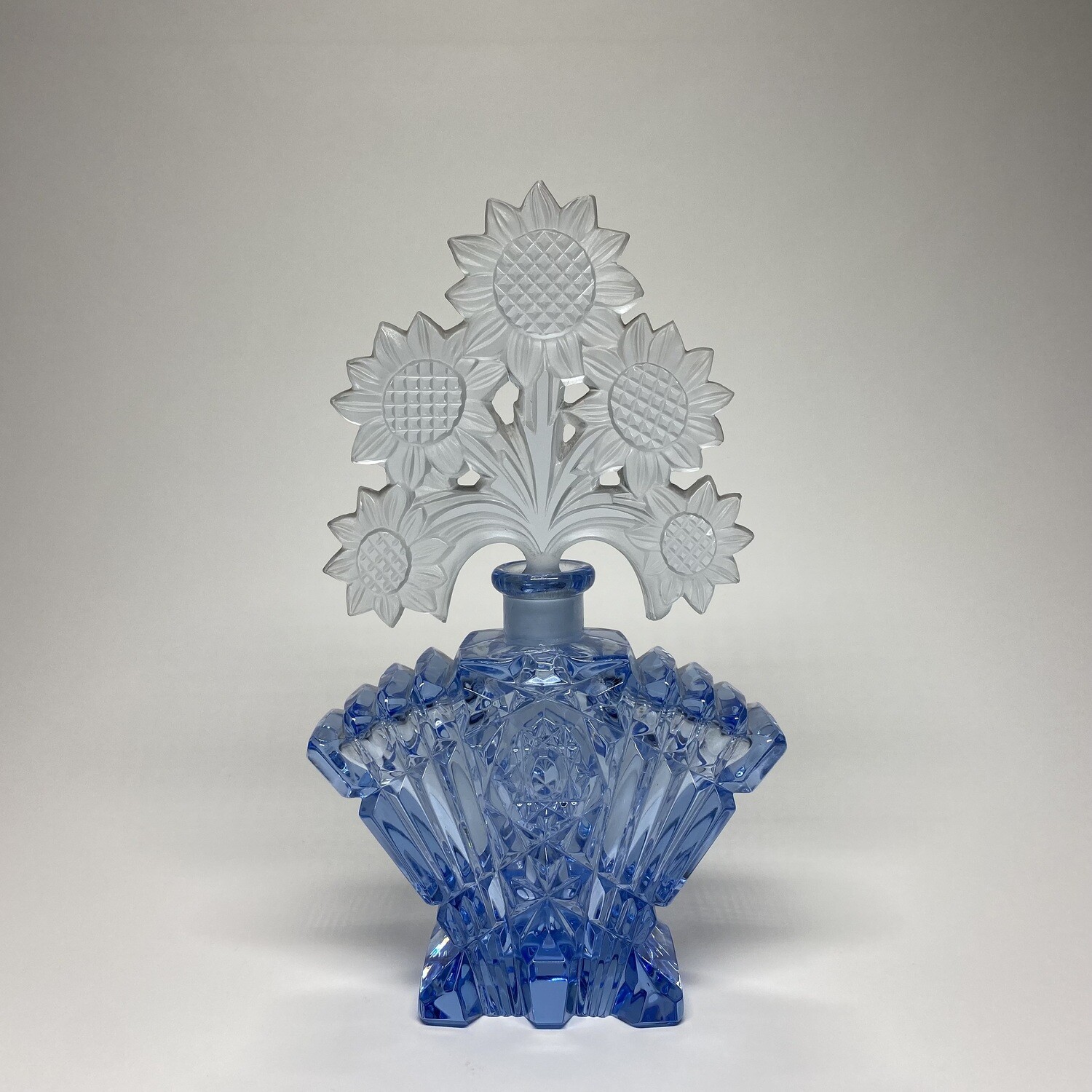 Czechoslovakian Art Deco Glass Perfume Bottle With A Sunflower From the INGRID, Heinrich Hoffmann