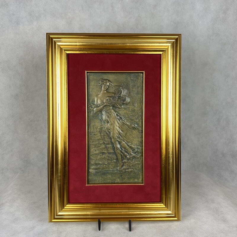 Italian Art Nouveau Framed Bronze Plaquette Of A Female Figure Carrying A Sailing Ship Designed By E. Rubino in 1902