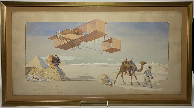 French Art Nouveau Gouache Embellished Lithograph Poster Of The Heliopolis Air Show in 1910 Designed by Marguerite Montaut (GAMY)