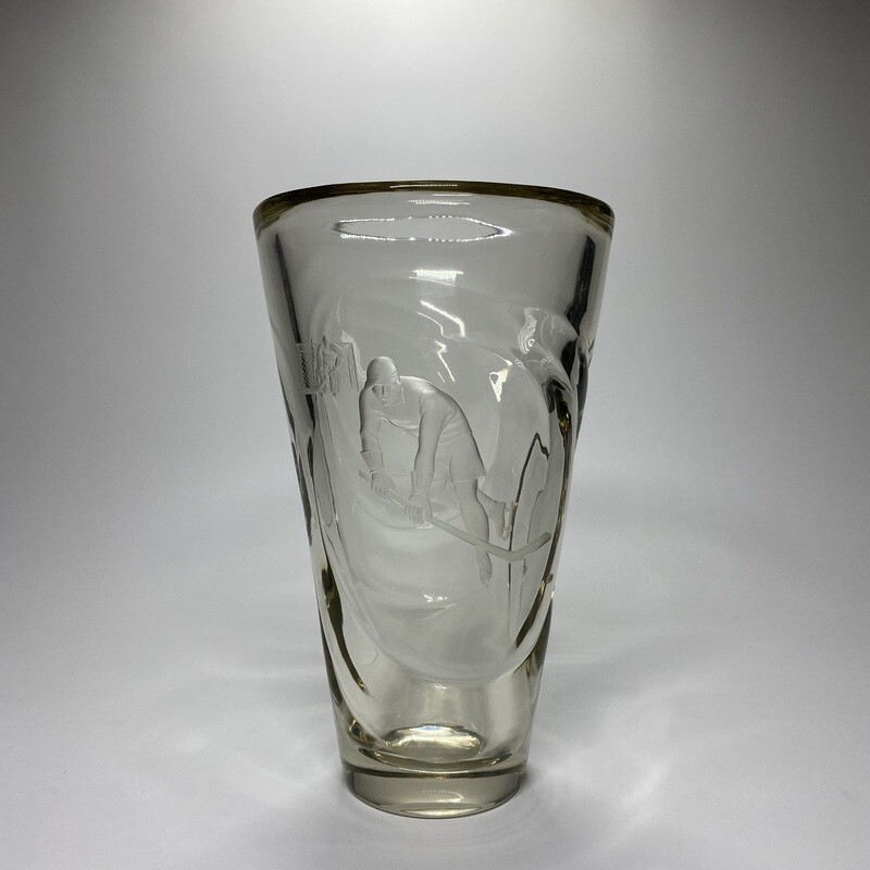 Czechoslovakian Hand-Engraved Glass Vase Depicting a Two Hockey Players Made in the 1930s