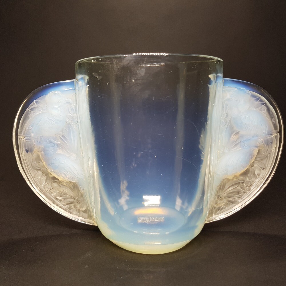 Verlys French Art Deco Opaline Glass Vase With Large Semicircular Handles