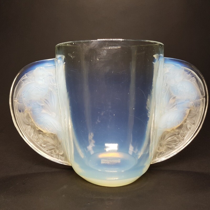 Verlys French Art Deco Opaline Glass Vase With Large Semicircular Handles